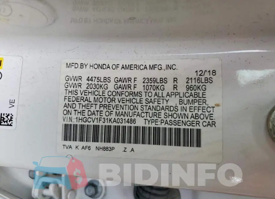 1HGCV1F31KA031486 Photo# 12
