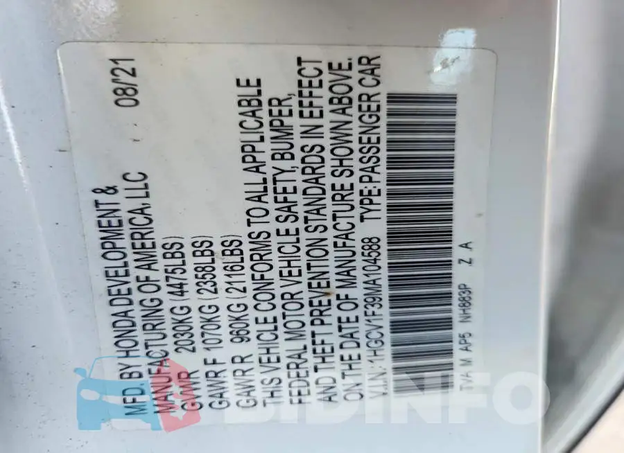 1HGCV1F39MA104588 Photo# 13