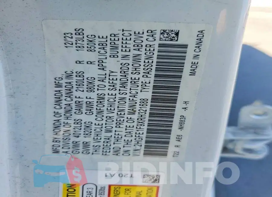 2HGFE1F9XRH321688 Photo# 12