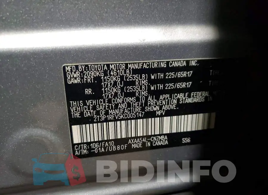 2T3P1RFV5KC005147 Photo# 14