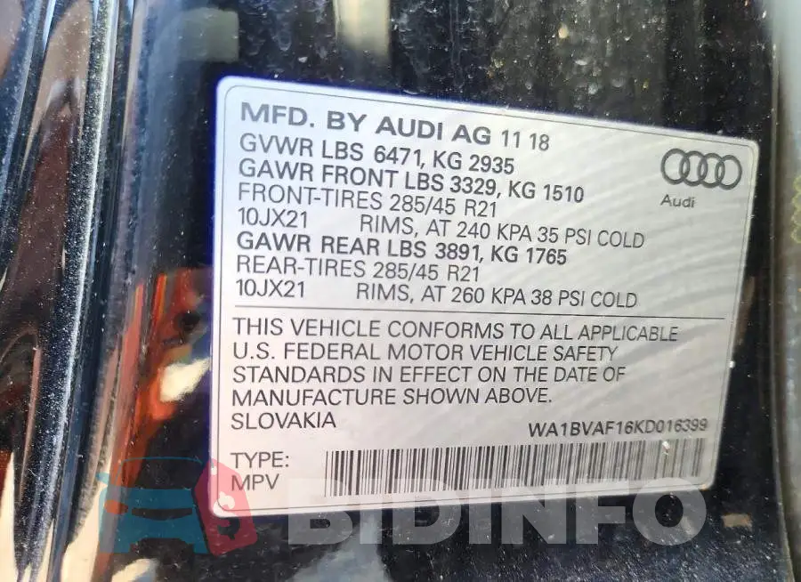 WA1BVAF16KD016399 Photo# 13