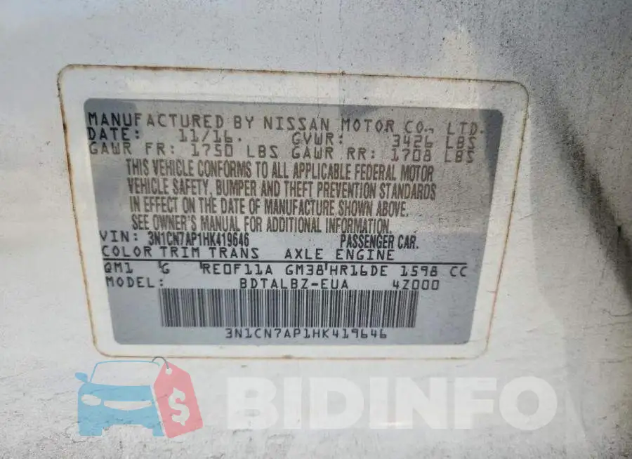 3N1CN7AP1HK419646 Photo# 13