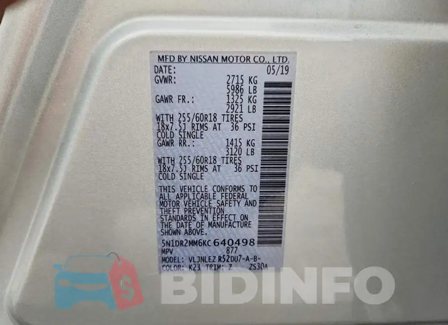 5N1DR2MM6KC640498 Photo# 13