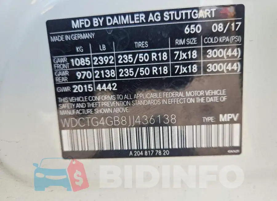 WDCTG4GB8JJ436138 Photo# 13