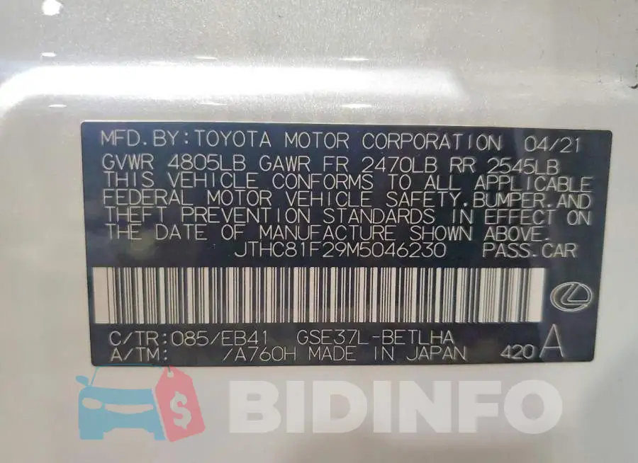 JTHC81F29M5046230 Photo# 12