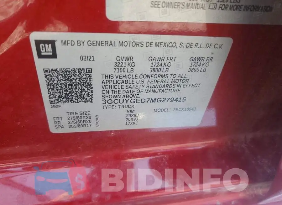 3GCUYGED7MG279415 Photo# 12
