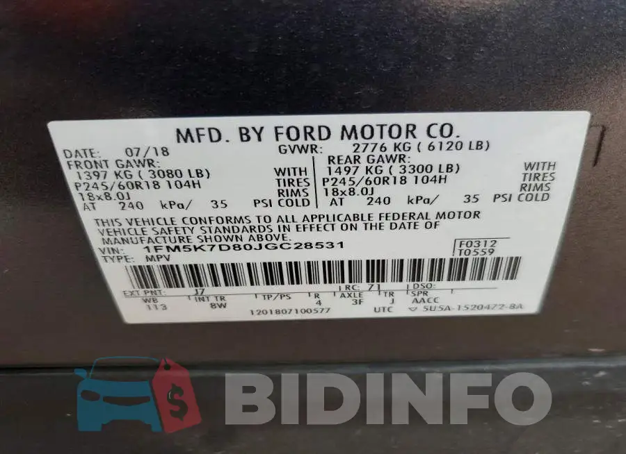 1FM5K7D80JGC28531 Photo# 13