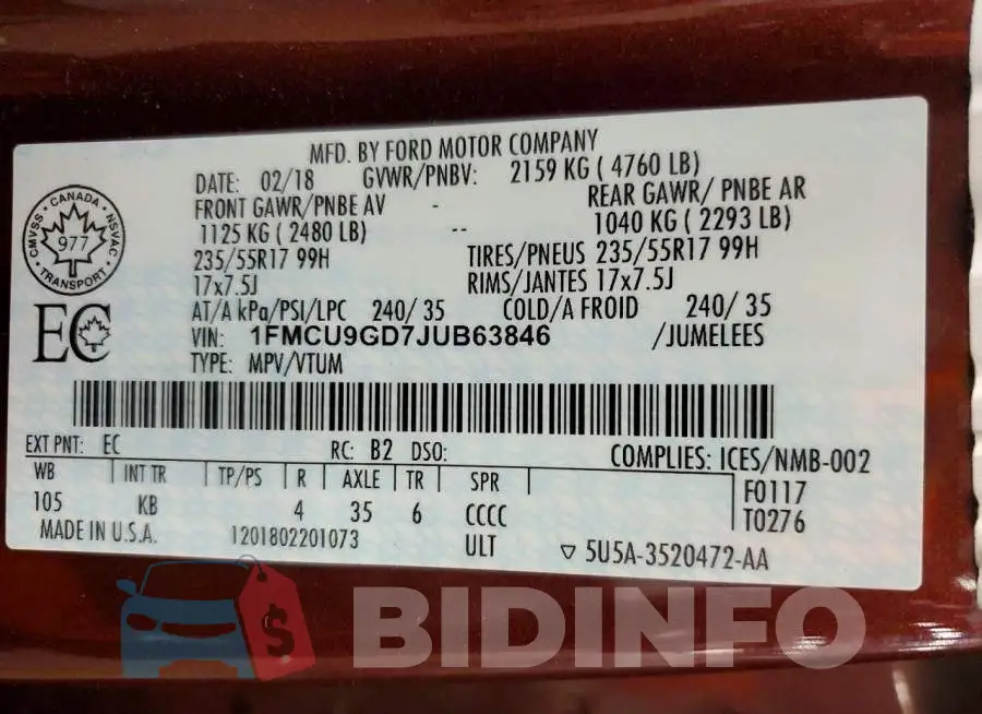 1FMCU9GD7JUB63846 Photo# 13