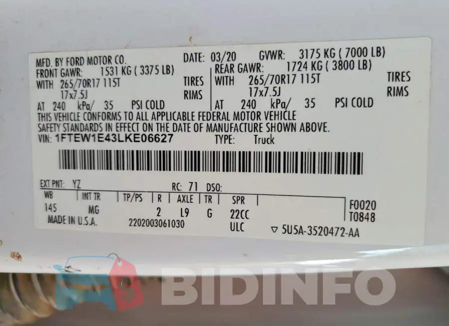 1FTEW1E43LKE06627 Photo# 12