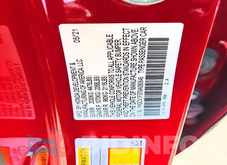 1HGCV1F37MA080646 Photo# 12