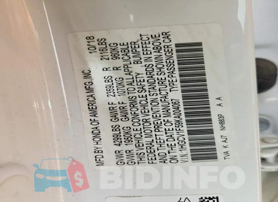1HGCV1F59KA004067 Photo# 13