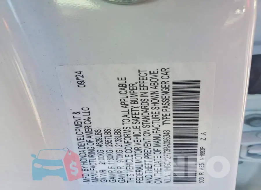 1HGCY2F73RA096348 Photo# 12