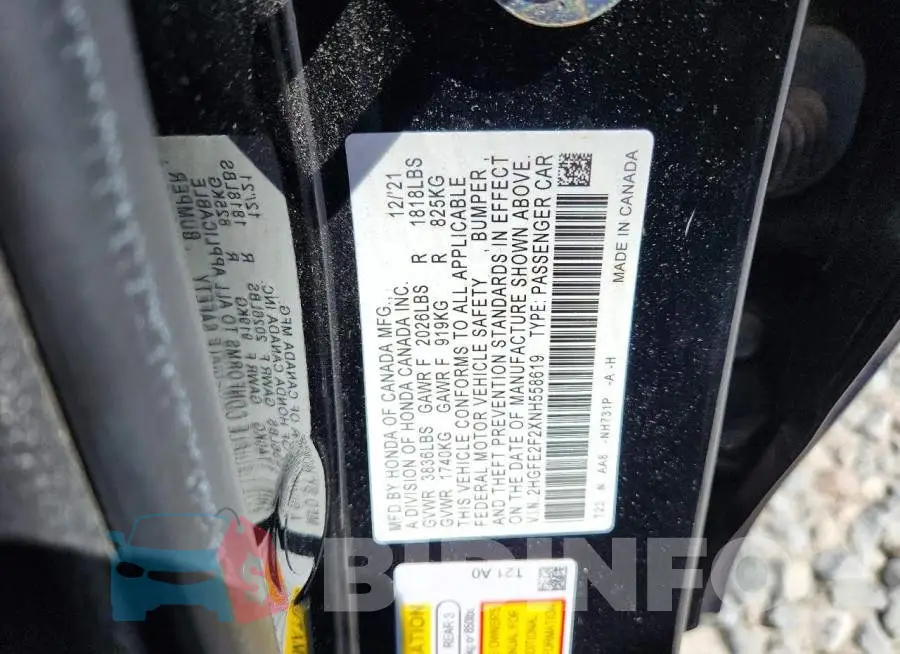 2HGFE2F2XNH558619 Photo# 12
