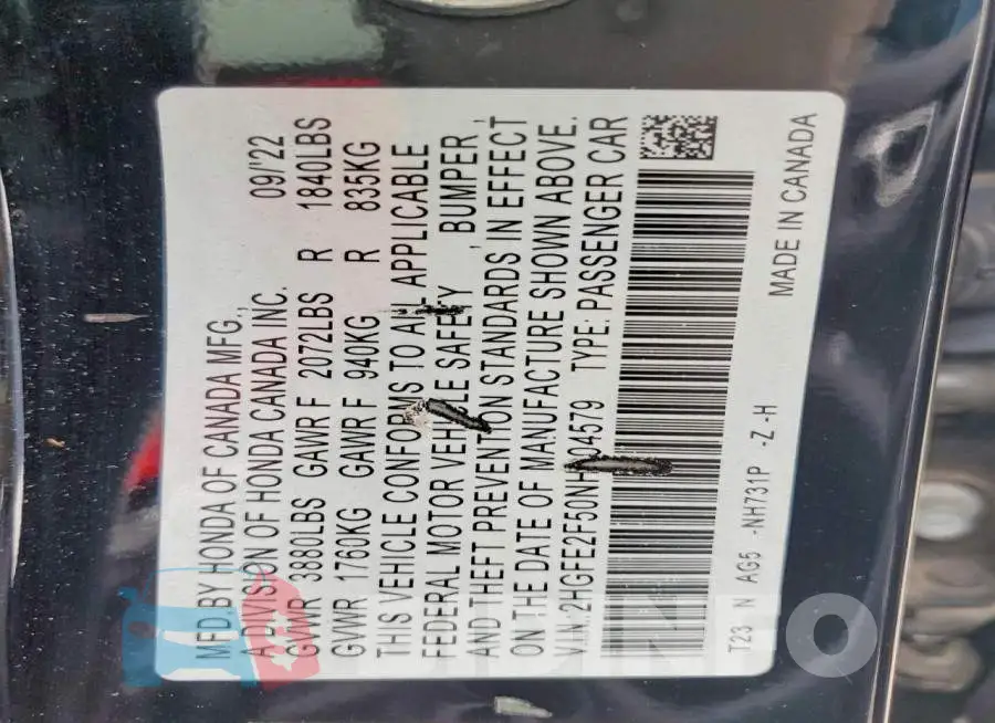 2HGFE2F50NH604579 Photo# 12