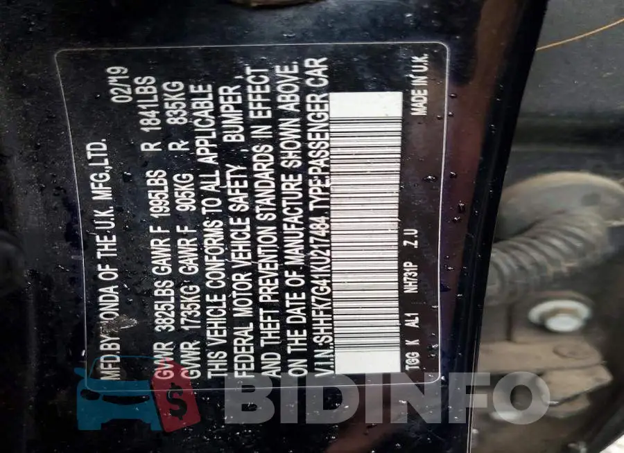 SHHFK7G41KU217484 Photo# 12
