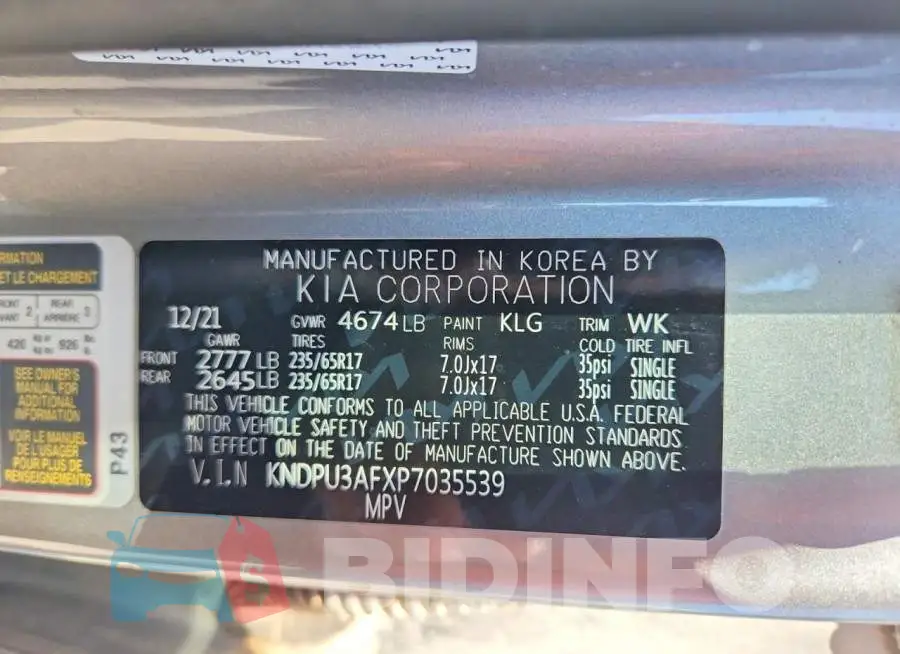 KNDPU3AFXP7035539 Photo# 13