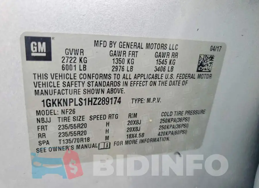 1GKKNPLS1HZ289174 Photo# 14
