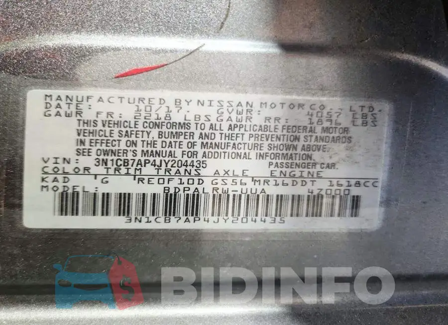 3N1CB7AP4JY204435 Photo# 12