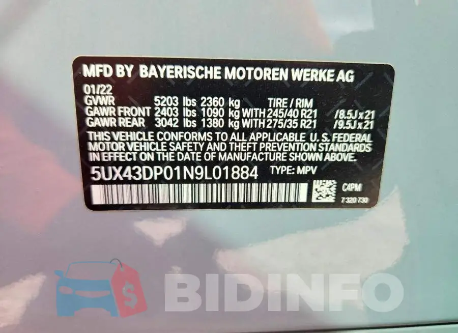 5UX43DP01N9L01884 Photo# 13