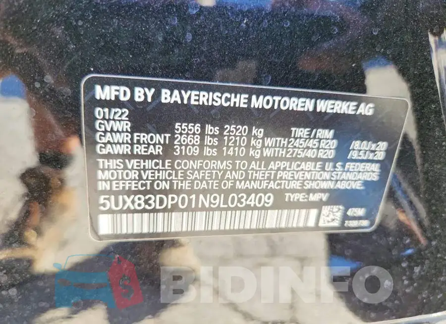 5UX83DP01N9L03409 Photo# 13