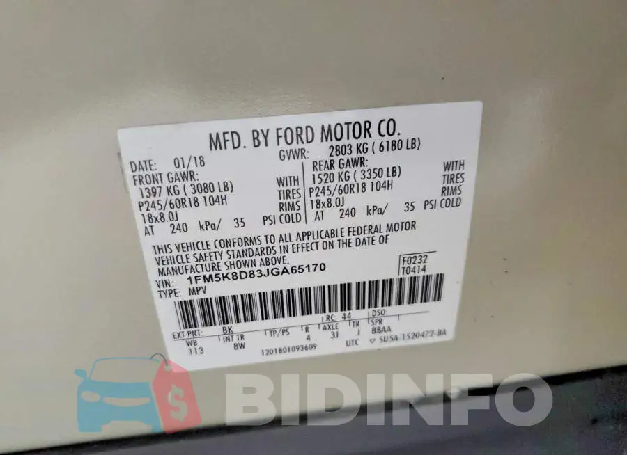 1FM5K8D83JGA65170 Photo# 13