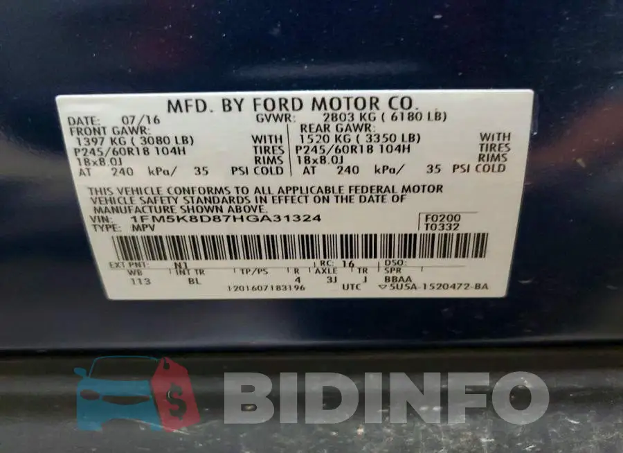 1FM5K8D87HGA31324 Photo# 13