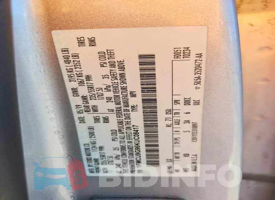 1FMCU9G96KUC08417 Photo# 13
