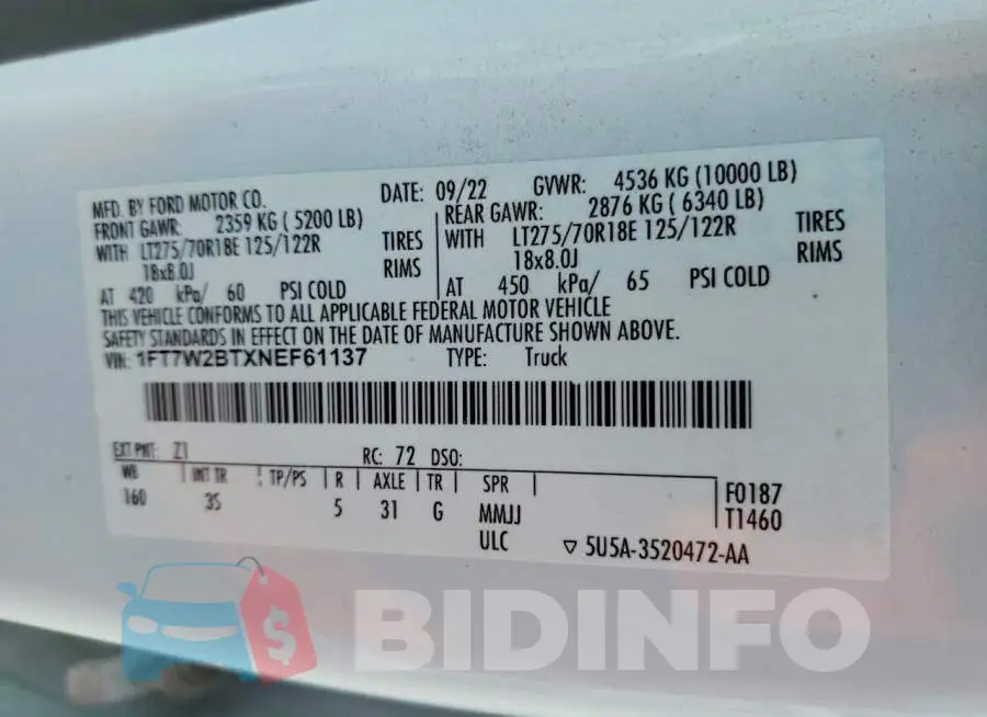 1FT7W2BTXNEF61137 Photo# 12