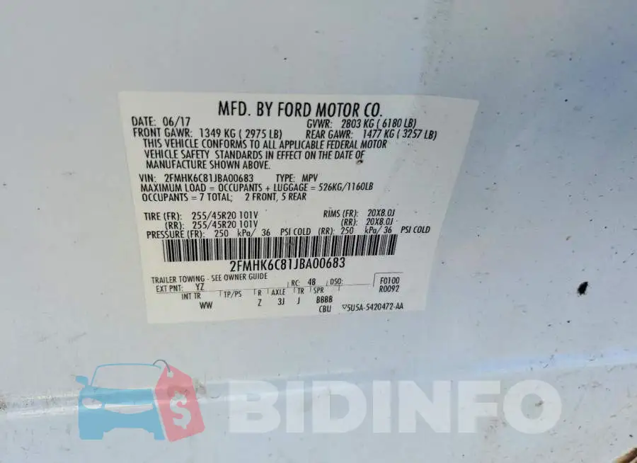 2FMHK6C81JBA00683 Photo# 13