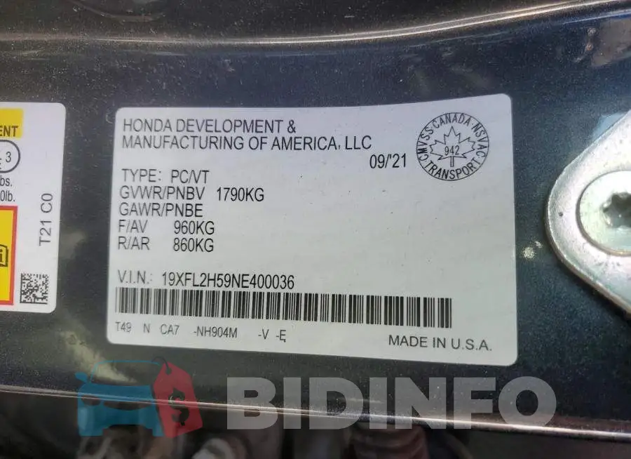19XFL2H59NE400036 Photo# 12