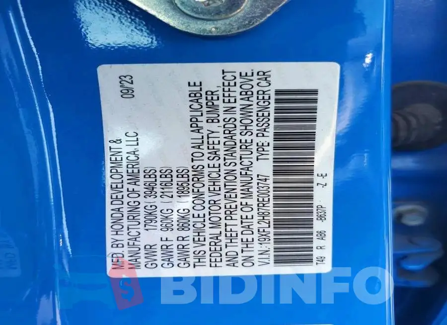 19XFL2H87RE003747 Photo# 12