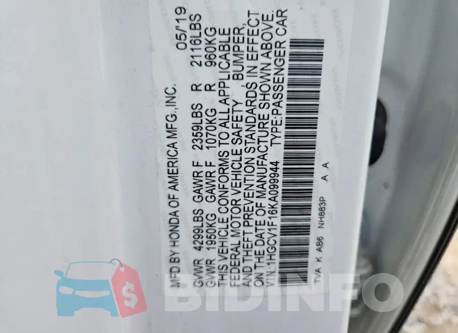 1HGCV1F16KA099944 Photo# 13
