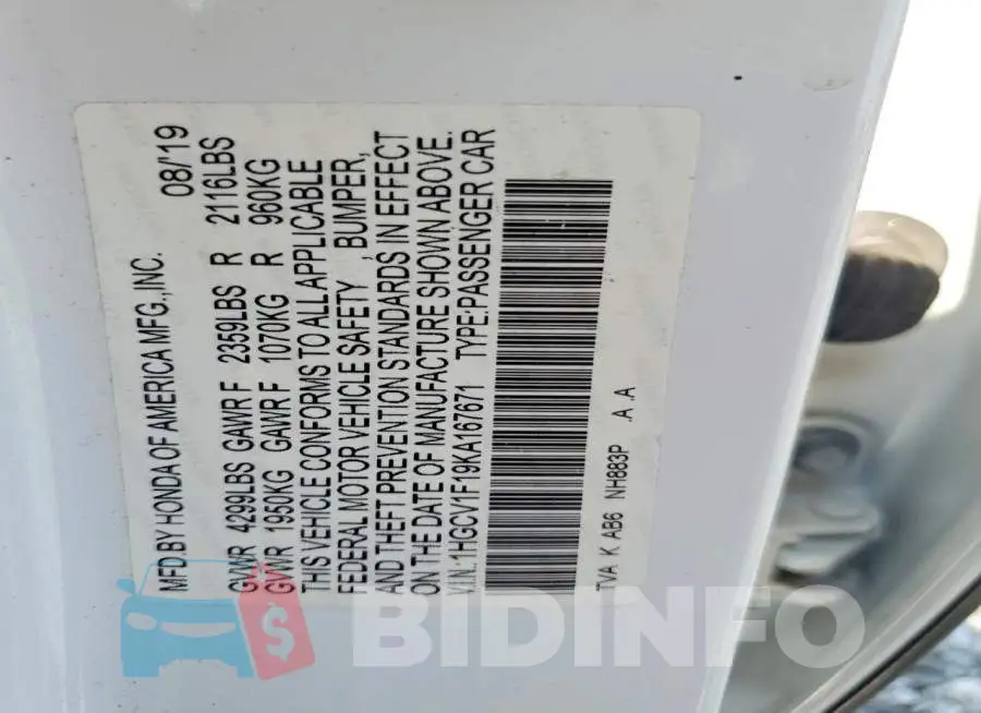 1HGCV1F19KA167671 Photo# 12
