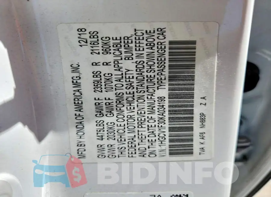 1HGCV1F30KA034198 Photo# 13
