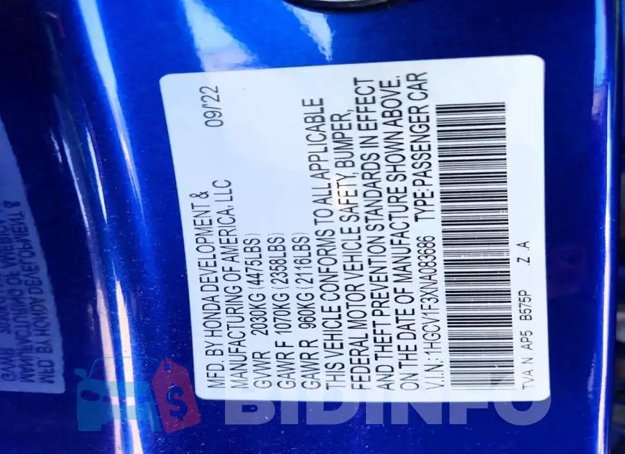 1HGCV1F3XNA083686 Photo# 13