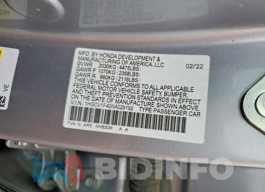 1HGCV1F40NA029192 Photo# 12