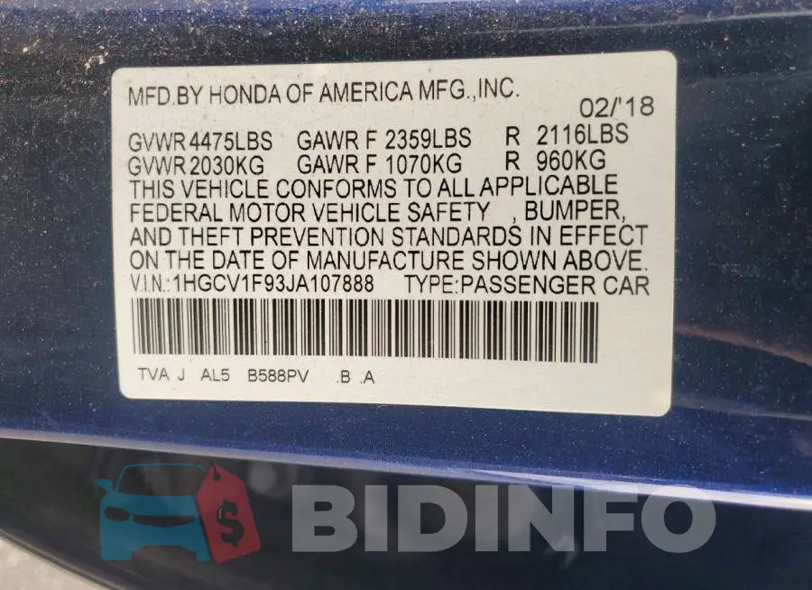 1HGCV1F93JA107888 Photo# 12