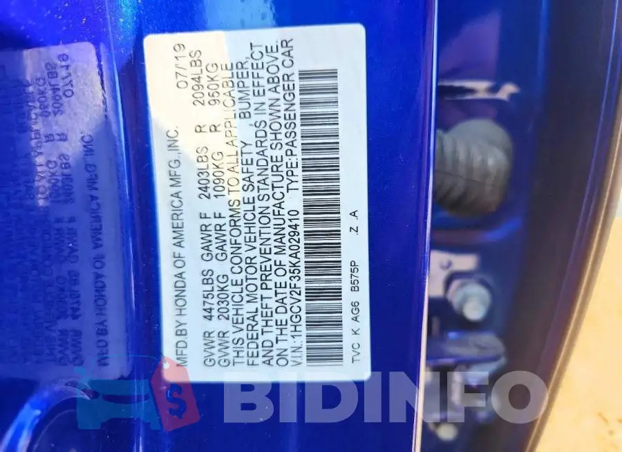 1HGCV2F35KA029410 Photo# 12