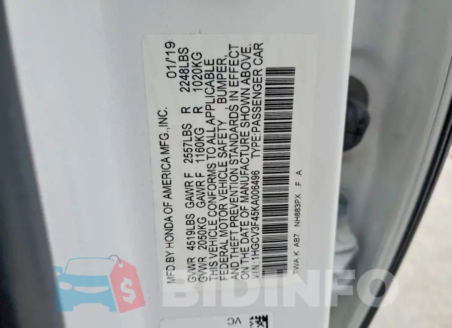 1HGCV3F45KA006496 Photo# 12