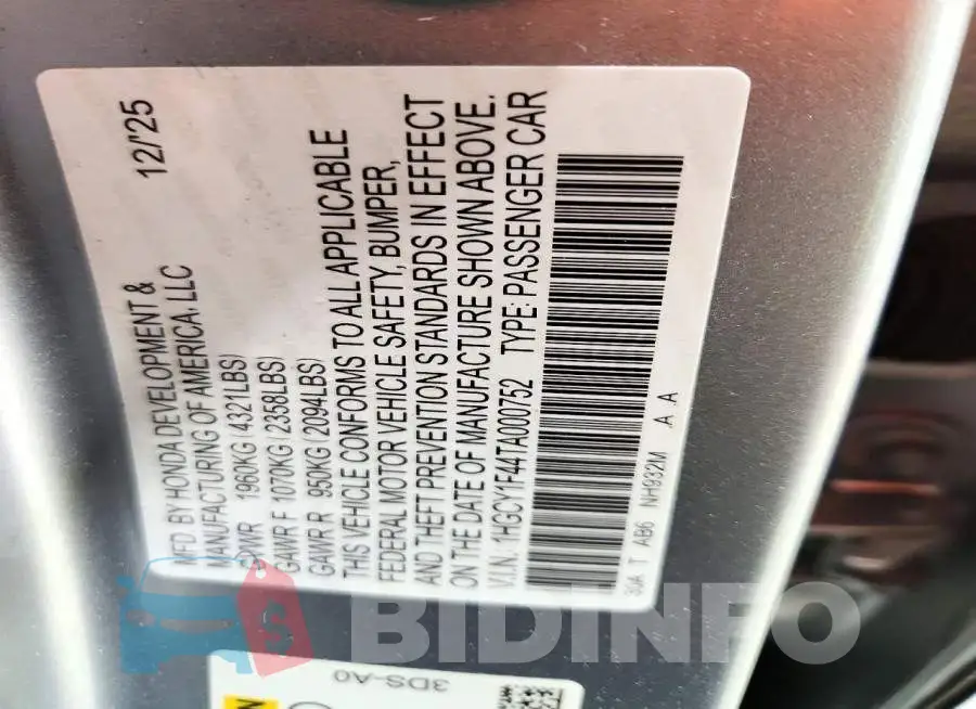 1HGCY1F44TA000752 Photo# 12