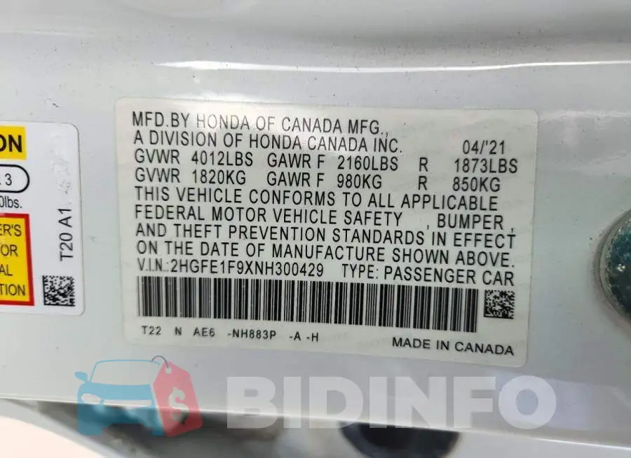 2HGFE1F9XNH300429 Photo# 12