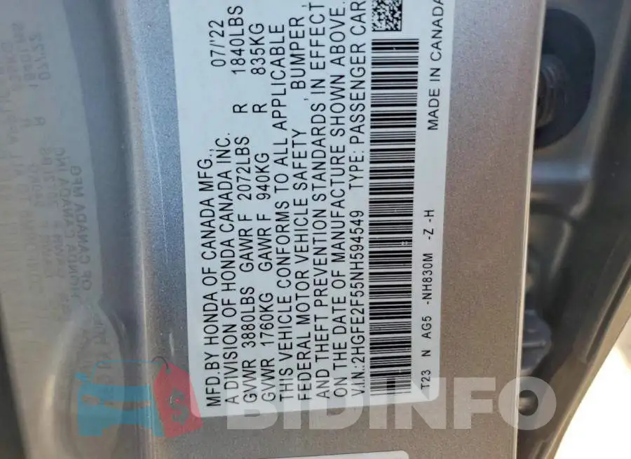 2HGFE2F55NH594549 Photo# 12