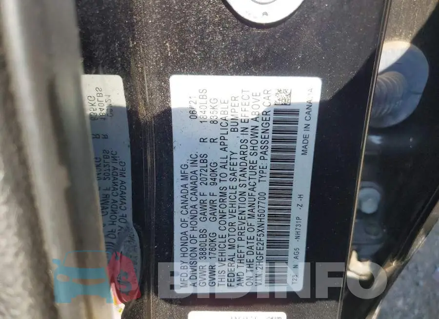 2HGFE2F5XNH507700 Photo# 12