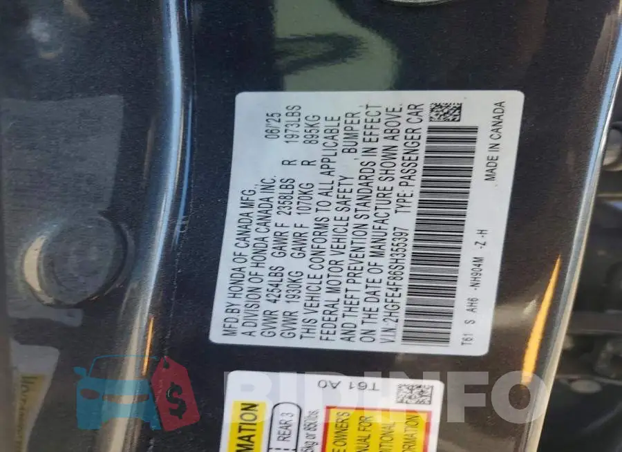 2HGFE4F86SH355397 Photo# 12