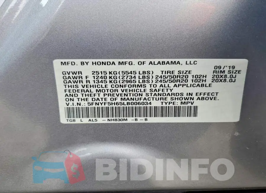 5FNYF5H65LB006034 Photo# 13