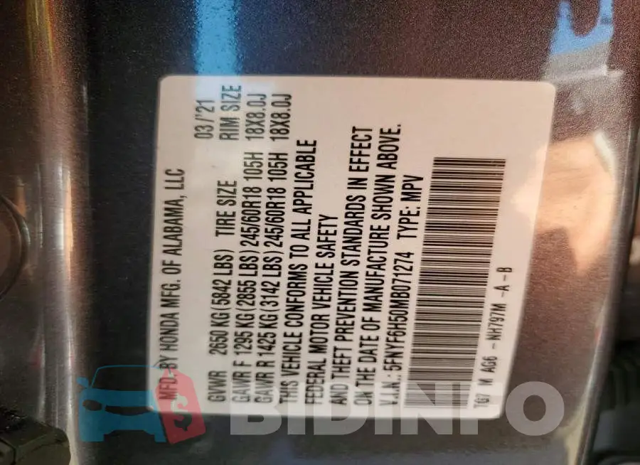5FNYF6H50MB071274 Photo# 13