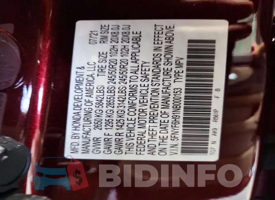 5FNYF6H91NB000153 Photo# 12