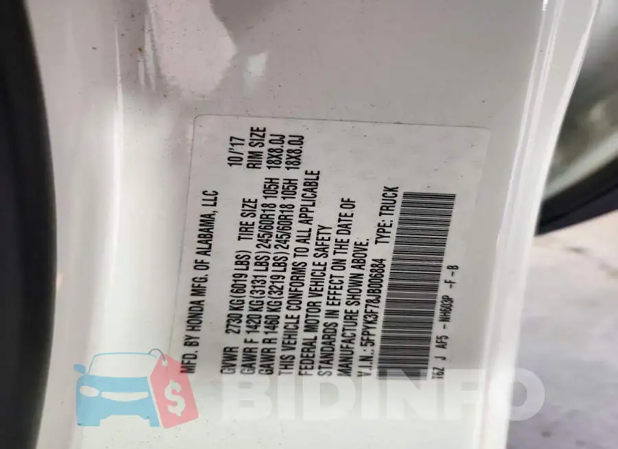 5FPYK3F78JB006884 Photo# 13