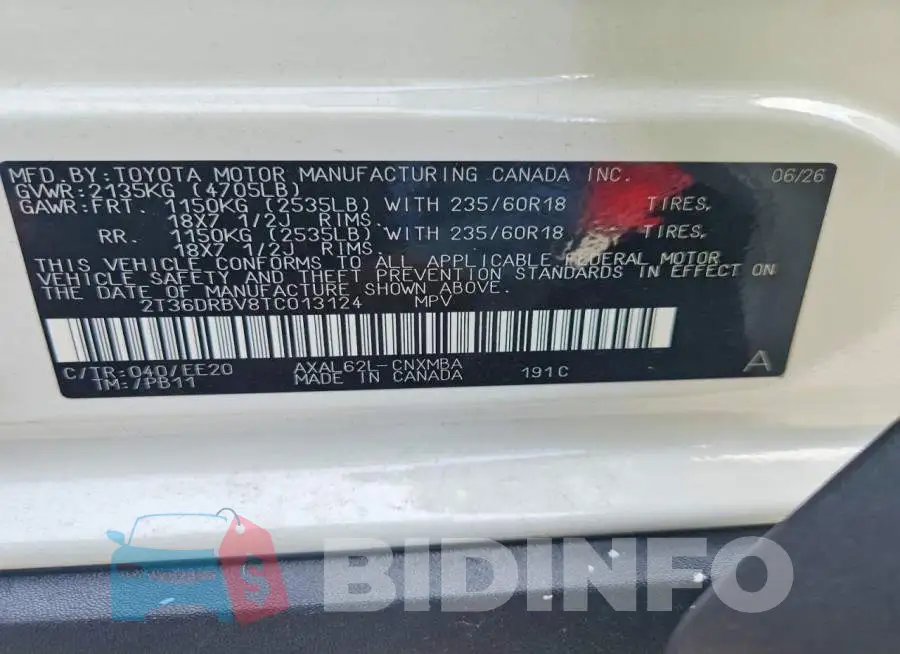 2T36DRBV8TC013124 Photo# 13