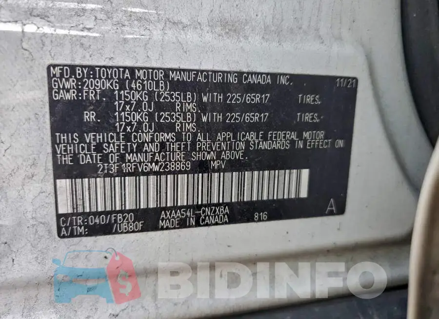2T3F1RFV6MW238869 Photo# 14